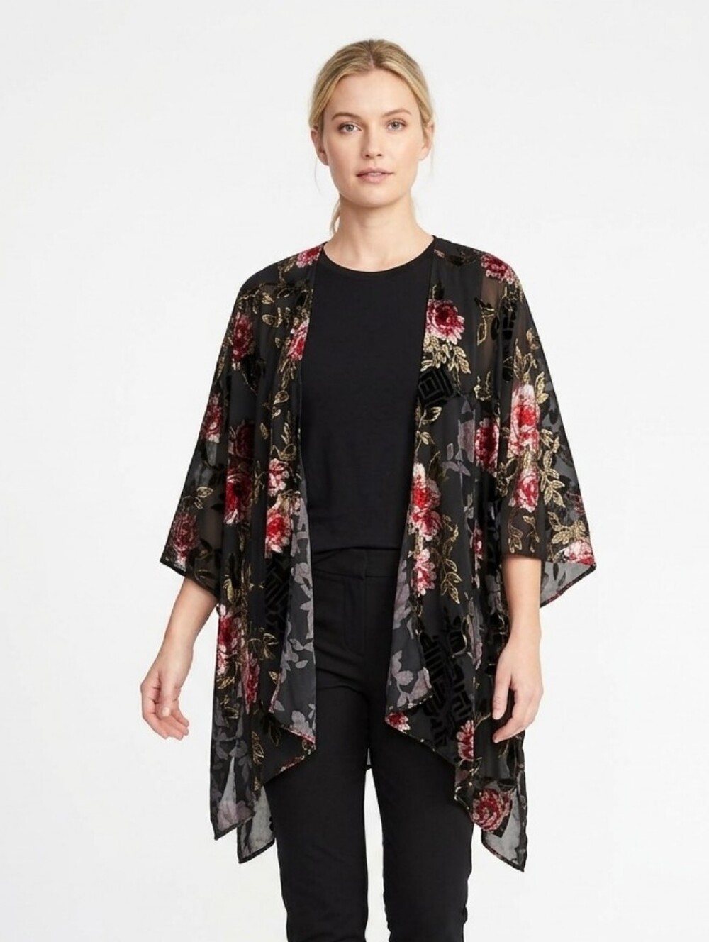 Woven Heart Velvet Burnout Floral Sheer Kimono Duster Cardigan Black Red Size 1